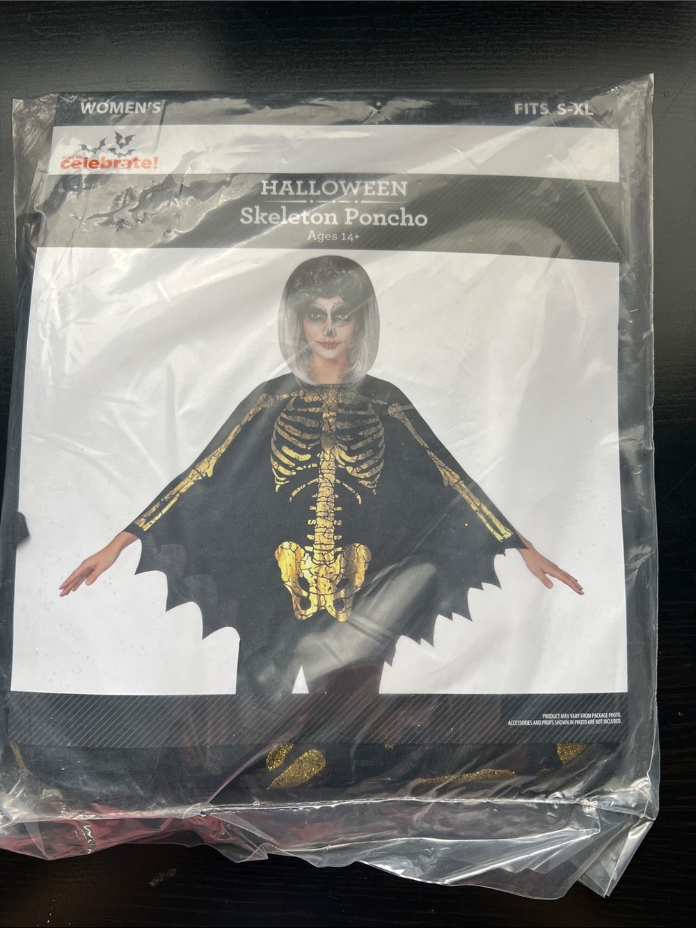 New Women's Black & Gold Halloween Skeleton Poncho Costume one size